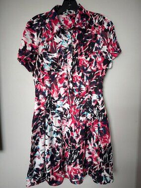 Parker NY 100% Silk Abstract Floral Shirt Dress - Pink, Navy & Teal - Size S